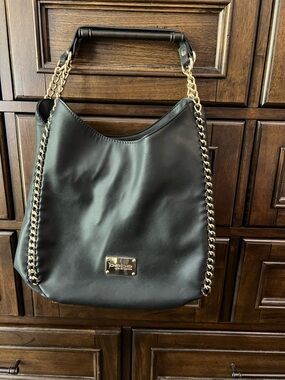 Bebe Black Shoulder Bag with Gold Chain Trim